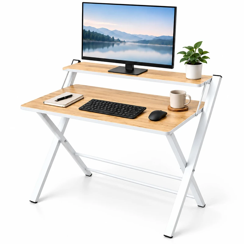 Relaxdays Desk, Monitor Riser, Folding, Natural/White