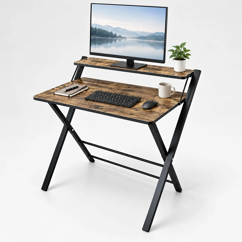 Relaxdays Desk with Monitor Shelf, Folding, Brown/Black