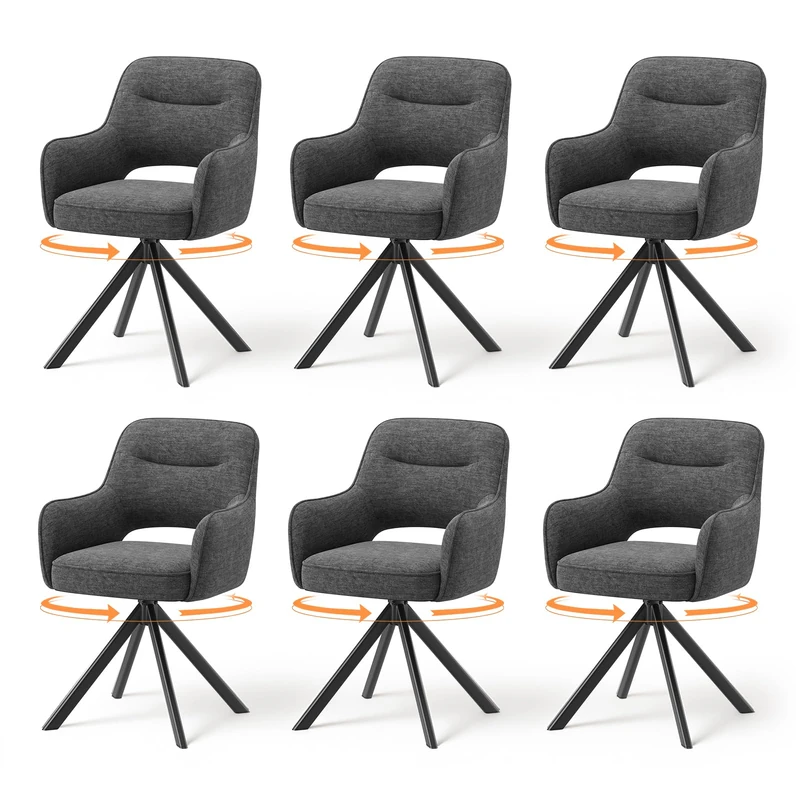 MALOL 360°Swivel Dining Chairs Set of 6, Fabric Chairs for Dining Room with Armrests, Hollow Backrest and Thick Seat Cushion, Kitchen Chair with Anti-Slip Pads, armchairs for living Room, Grey