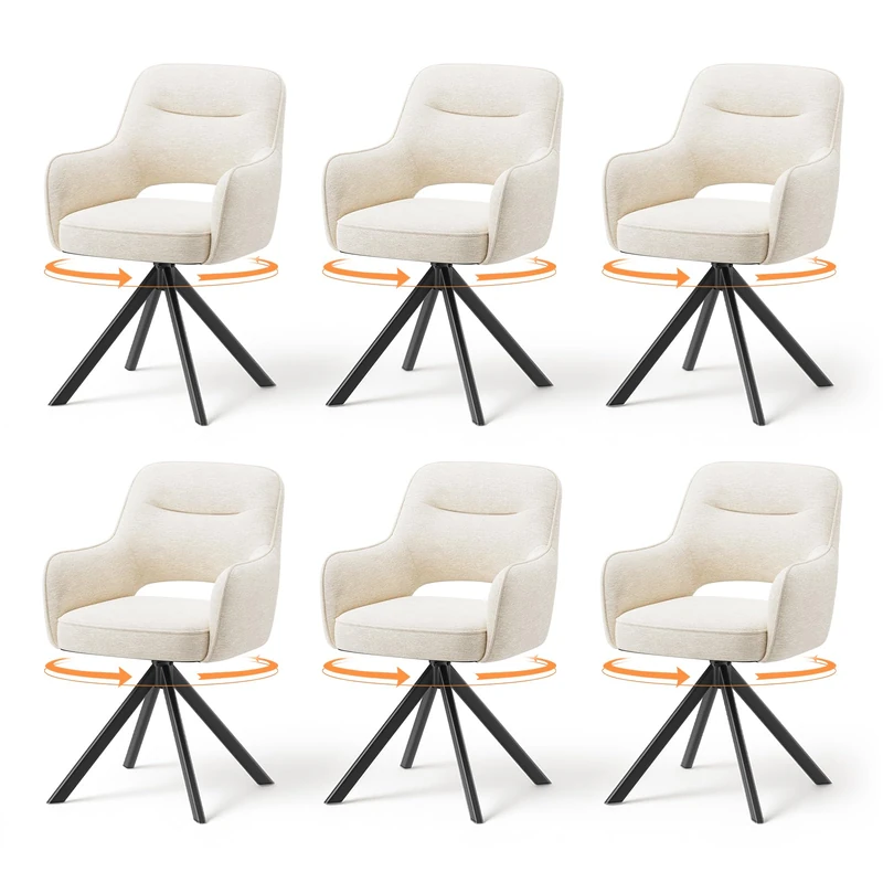 MALOL 360°Swivel Dining Chairs Set of 6, Fabric Chairs for Dining Room with Armrests, Hollow Backrest and Thick Seat Cushion, Kitchen Chair with Anti-Slip Pads, armchairs for living Room, Beige