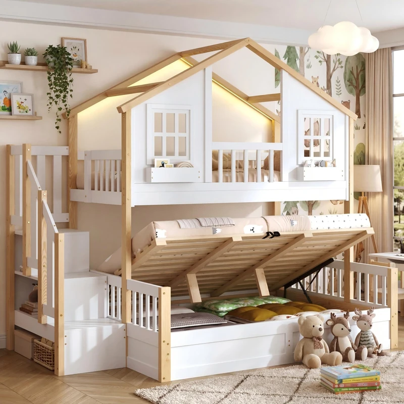 Ball & Cast Double Bunk Bed,Children's triple sleeper Bunk beds,with Storage Stair&Shelf&Fall Protection and Railings&Smallhouse Shaped Design, Solid Wood, White&Natural(90+135) x190cm