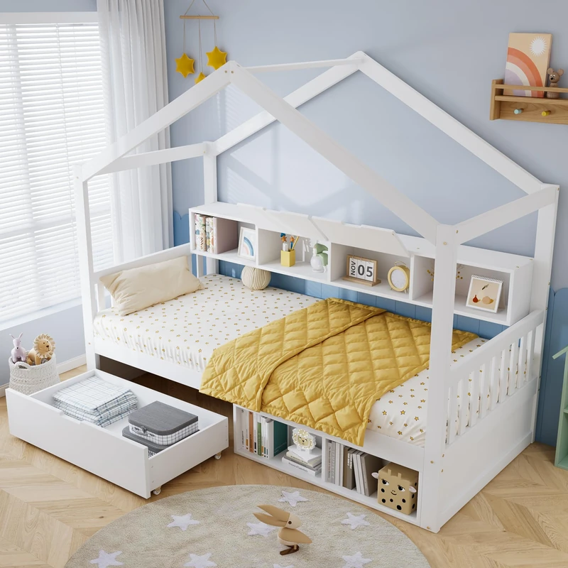 Ball & Cast Kids Single Bed Frames 3FT Children's Storage Bed Wooden House Cabin Bed, with Storage Compartments & Wheeled Drawer, Roof-Shaped Frame design, Sturdy Safety Guardrail, White,90x190cm