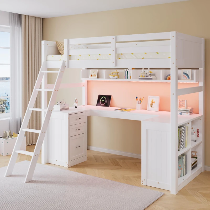 Ball & Cast Loft Bed with Desk, 3FT Single High Sleeper Bed with LED Lights & Charging Ports, 3 Drawers and Storage Shelves, Wooden Study Bed for Teens & Adults, White, 90 x 190 cm