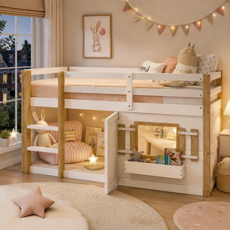 Ball & Cast Children's bed, bunk bed (90 x 190 cm), loft bed, multifunctional children's bed with ladder, can be built underneath to create a play area, without mattress, white
