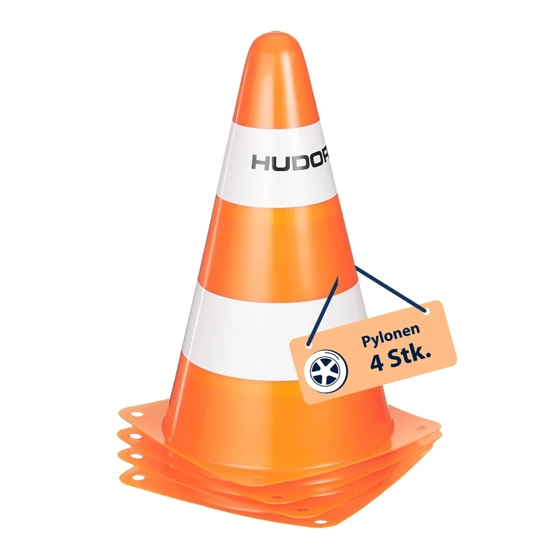HUDORA Pylonen - 4 Stück - Stapelbare Verkehrskegel in Orange/Weiß - Hochwertige Verkehrshütchen - 23 cm hoch & 14 cm breit - Markierungskegel für Slalom, Radfahren, Dribbeln