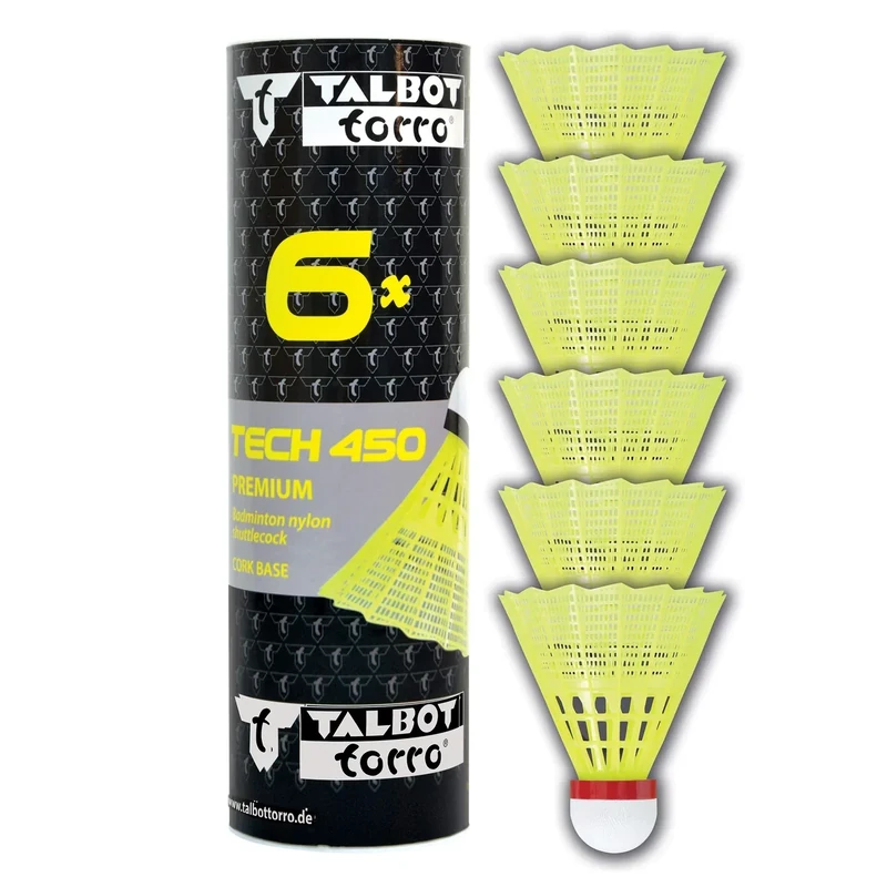Talbot-Torro® Badminton Ball Tech 450, 6er Dose, Farbe: Gelb, Geschwindigkeit: Rot/Schnell, Premium-Nylonfederball, Federball Shuttle, Nylonshuttles, für Indoor & Outdoor - Image 1