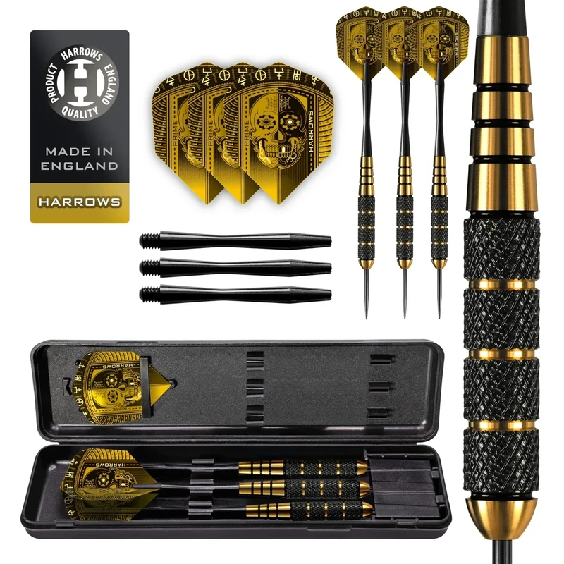 Harrows Voodoo Dart-Set mit Messing-Stahlspitze, 19 g, 21 g, 23 g, 25 g und 27 g, inklusive Speedline-Schäfte, Marathon-Gold-Flights und Reiseetui, 27 g