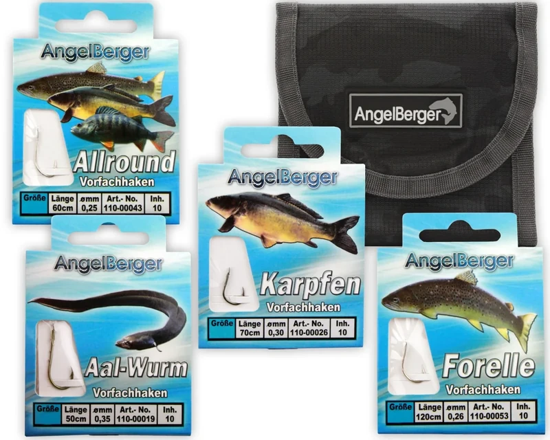 Angel-Berger Vorfach Hakensortiment mit Tasche Angelhaken gebundene Haken Aal, Forelle, Karpfen, Zander, Allround, Mais, Feeder