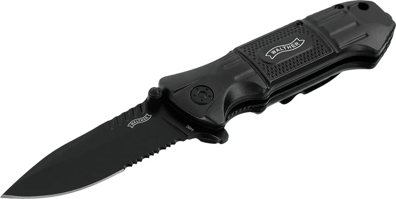 Walther Black Tac Knife Klappmesser mit Linerlock-Verriegelung, Spearpoint-Klinge aus 440C und intigrierter Glasbrecher am Griffende