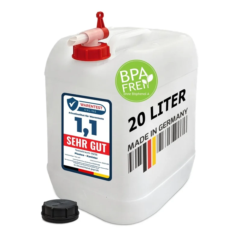 plasteo® 20 Liter Getränke- Wasserkanister Natur mit Hahn und Schraubdeckel (DIN 61) | BPA Frei | Lebensmittelecht | Tragbar | Indoor und Outdoor | Made in Germany