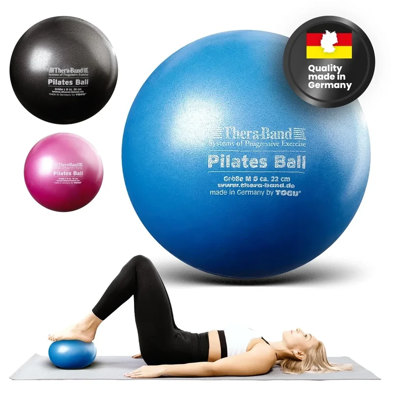 THERABAND Pilates Ball | Gymnastikball klein für Pilates, Yoga, Beckenbodentraining & Rehabilitation | Weicher Gummiball mit Ventil | Fitnessball | PVC-frei | Max. Belastung 120 kg (Blau)