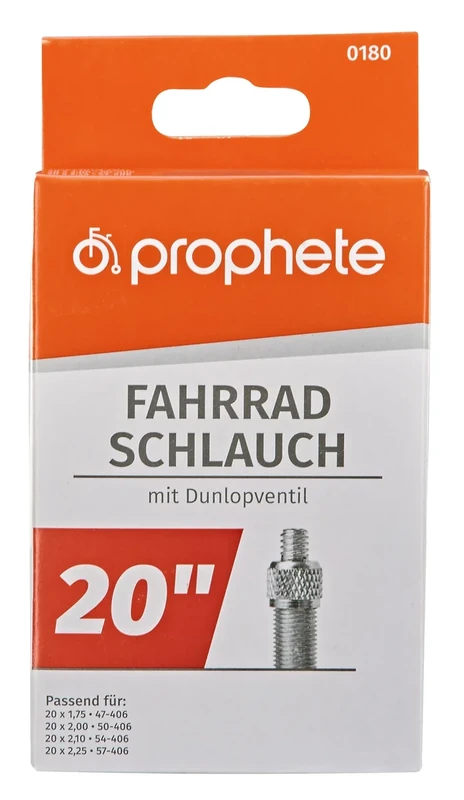Prophete Fahrradschlauch 20 Zoll | Dunlopventil | ETRTO 47-406, 50-406, 54-406, 57-406 | geeignet von 20 x 1,75 Zoll bis 20 x 2,125 Zoll