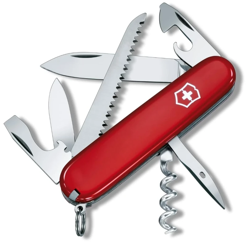Victorinox Schweizer Taschenmesser, Camper, Swiss Army Knife, Multitool, 13 Funktionen, Klinge, Korkenzieher, Dosenöffner, Rot, Faltschachtel