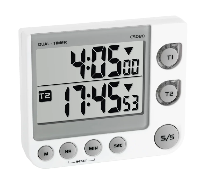 TFA Dostmann Digitaler 2-Fach Timer, 38.2025, mit Memory-Funktion, 3 Lautstärke Stufen, LED-Warnlicht, Eieruhr, Küchentimer, für Klausuren oder Schularbeiten, weiß