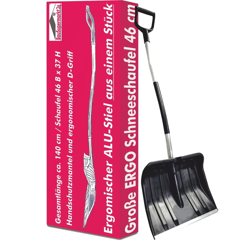 Große Schneeschaufel 46 cm breit mit ergonomischem Aluminium-Stiel und D-Griff Schneeschieber Schneeschippe Schneeschüppe Schneeräumer ergonomisch Spatengriff Schildschaufel Alu-Kante Kunststoffblatt
