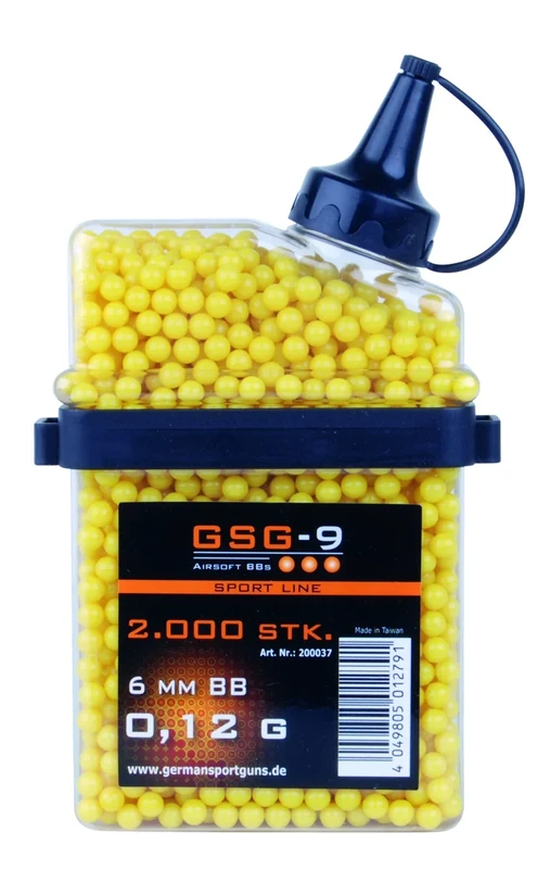 0,12g GSG-9 BBS Kaliber 6mm 2000 Stück gelb Airsoft Kugeln Softair Munition Softairkugeln Airsoft Patronen Softgun Kugeln für Softairpistolen Airsoftgewehre Luftgewehr Softairwaffe