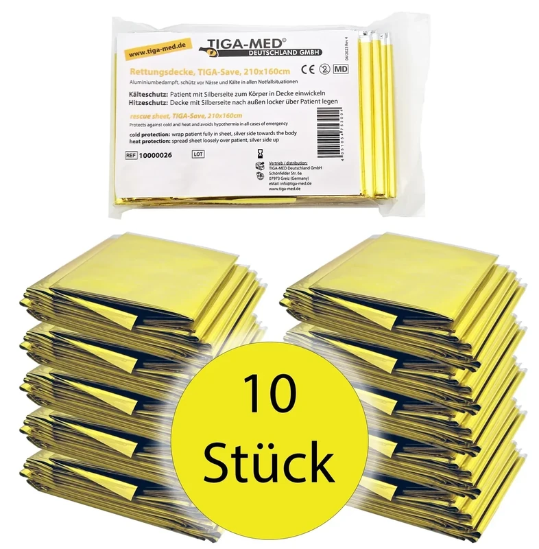 Tiga-Med 10x Rettungsdecke | 10 Stück | für Erste Hilfe, Auto, Notfall, Camping, Survial, Deko | Gold/Silber | 210x160cm | Rettungsfolie CE - Image 1