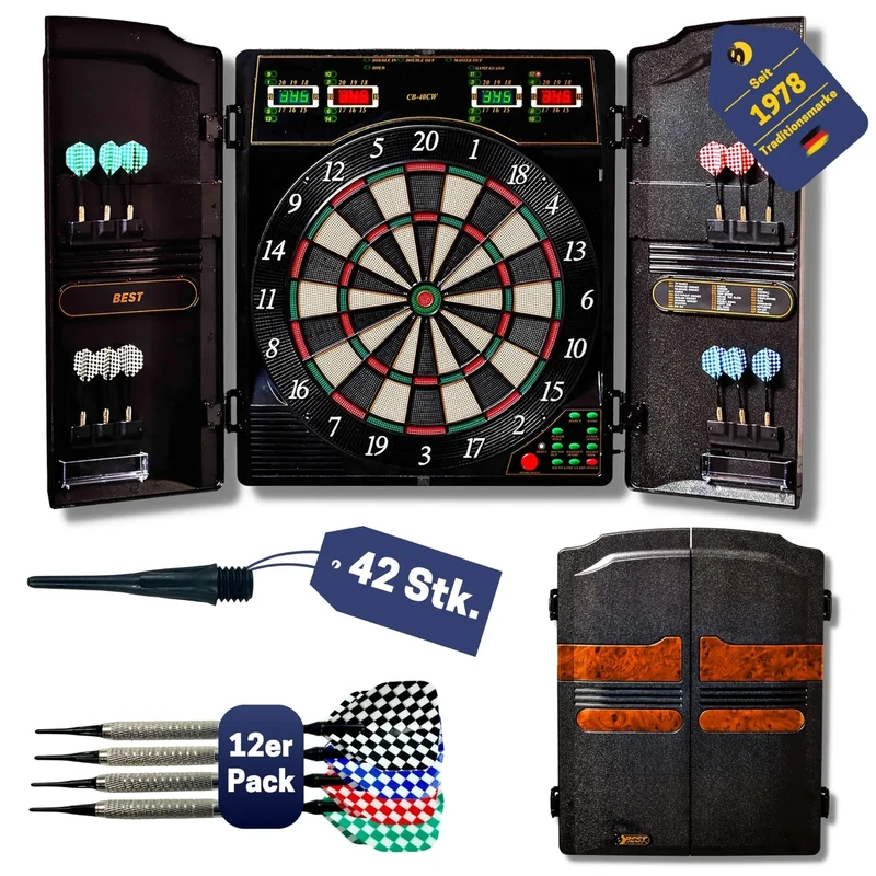 Best Sporting Dartscheibe elektronisch Oxford Evolution I E-Dartscheibe mit LED-Anzeigen, inkl. 12 Dartpfeile & 42 Ersatzspitzen I 1-16 Spieler I 27 Spiele -159 Varianten