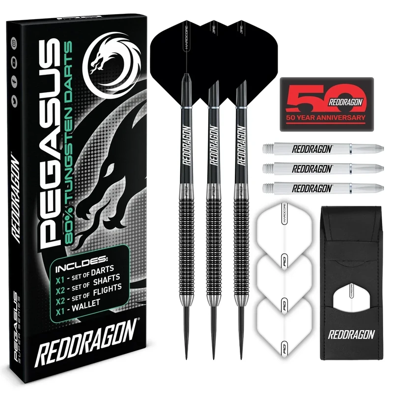 RED DRAGON Pegasus 24 Gramm-Professionelles Tungsten-Steeltip-Dart-Set mit Flights, Schäften (Shafts) und Brieftasche