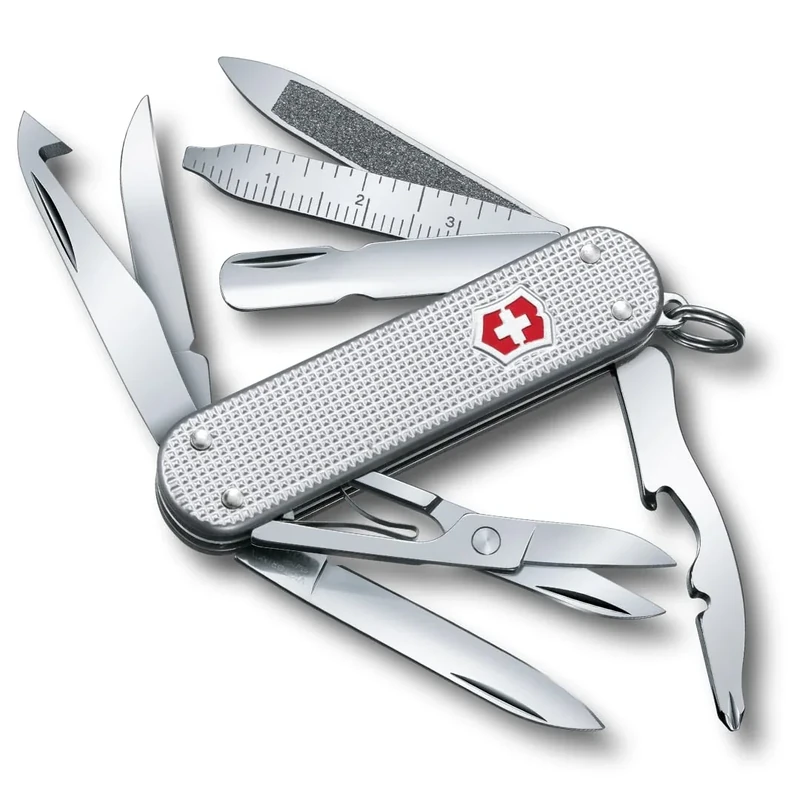Victorinox Schweizer Taschenmesser Mini Champ Alox, Klein, 15 Funktionen, Swiss Made, Multitool mit Brieföffner, Kapselheber, Drahtabisolierer, Silber
