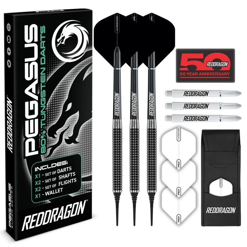 RED DRAGON Pegasus Soft Tip: 20g - Tungsten Darts (Dartpfeile) Set Mit Black Flights und Black Schäfte