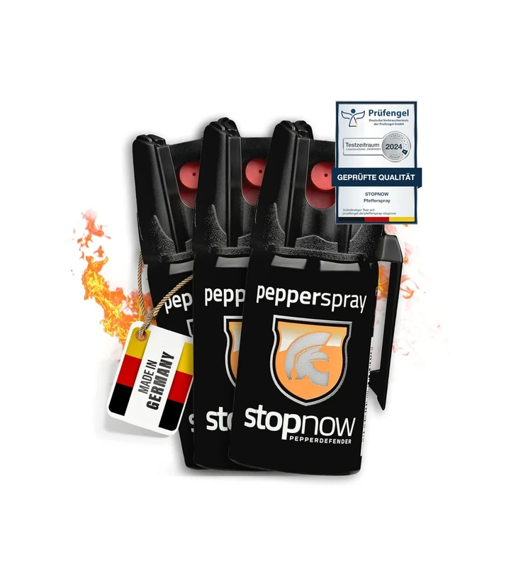 stopnow - 3er Set Pfefferspray & KO-Spray für Selbstverteidigung, Bären & Hunde-Abwehr - Pepper Jet-Sprüh-Strahl - Abwehrspray klein - Tier-Abwehr-Spray, Bärenspray & Verteidigungsspray für Unterwegs