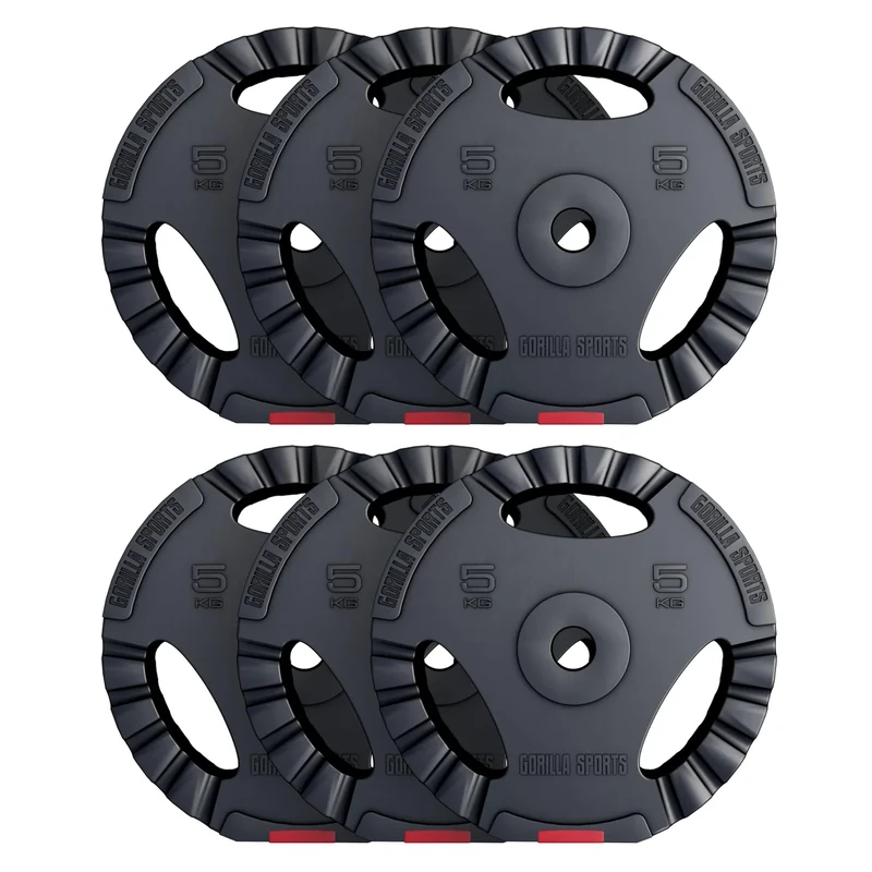 GORILLA SPORTS® Hantelscheiben - Einzeln/Set, 1,25kg, 2,5kg, 5kg, 10kg, 15kg, 17,5kg, 27,5kg, 30kg Gewichte, 30/31mm Bohrung, Tri-Grip, Kunststoff - Gewichtsscheiben, Hantelscheiben-Set