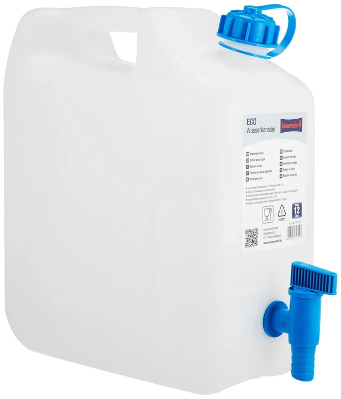 hünersdorff 817500 Wasserkanister ECO mit festmontiertem Ablasshahn / Wasserauslauf, 12 L (mit Hahn), Weiß