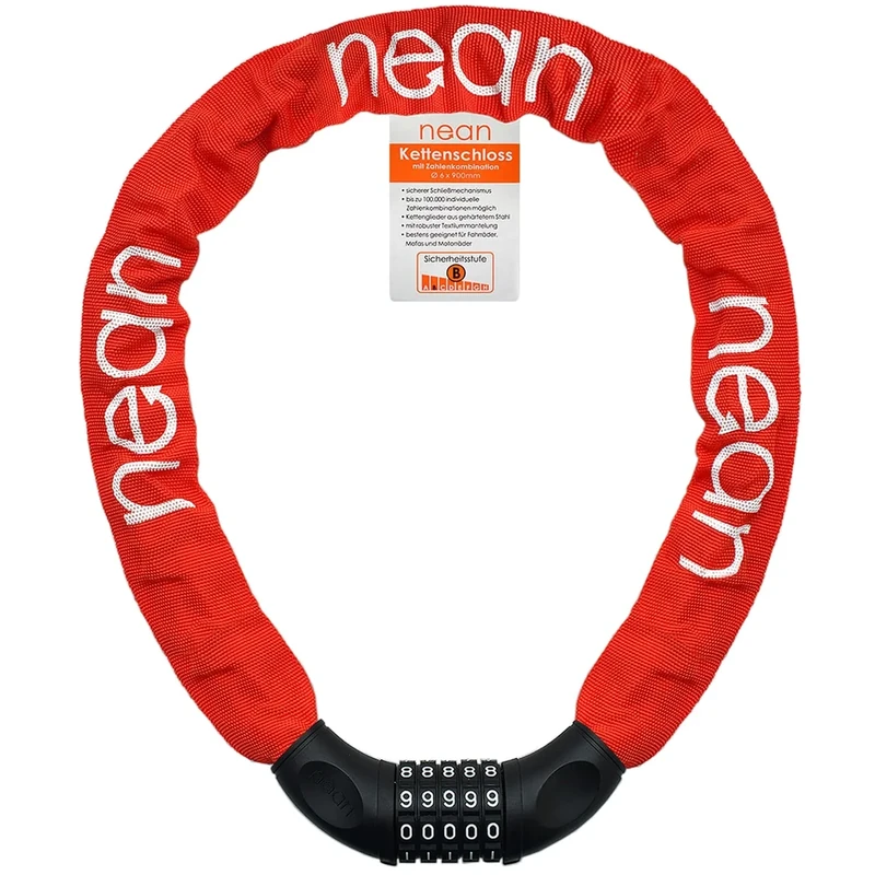 nean Fahrradschloss mit Zahlen, Kettenschloss hohe Sicherheitsstufe, Fahrradschloss Zahlenschloss mit Code, Fahrrad Schloss mit Kette aus gehärtetem Stahl, textilummantelt, rot, 6 mm x 900 mm