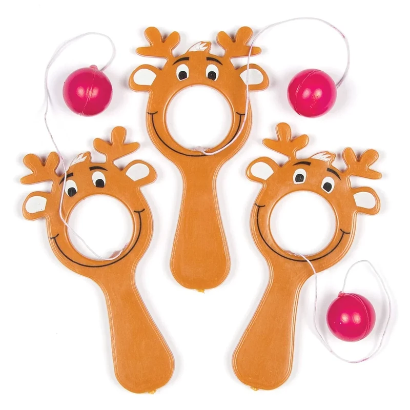 Baker Ross AF834 Weihnachtsspiel Mini-Rentierschläger mit Ball, Spielzeug für Kinder, perfekt für Partys und Preistüten, Strumpffüller, Vorteilspackung mit 5 Stück, Verschiedene Motive