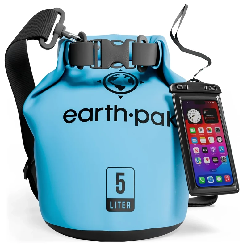 Earth Pak – Wasserdichter Packsack mit Schultergurt und wasserfester Handyhülle – Ideale Rolltop Tasche beim Kajak Fahren, Wandern, Camping, Angeln, Bootfahren und Rafting (Hellblau, 20L)
