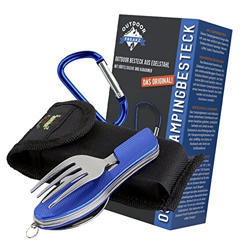 OUTDOOR FREAKZ Outdoor Campingbesteck Klapp-Besteck aus Edelstahl mit Gürteltasche, das Original! (blau +)