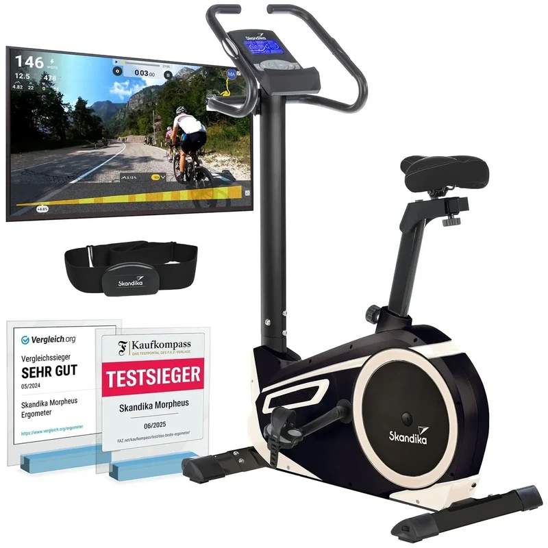 skandika Ergometer Morpheus, Fitnessbike, Heimtrainer mit Bluetooth, Pulsgurt, 32 einstellbare Widerstandseinstellung und Multifunktionscomputer mit Kalorienverbrauch, Puls - Image 1