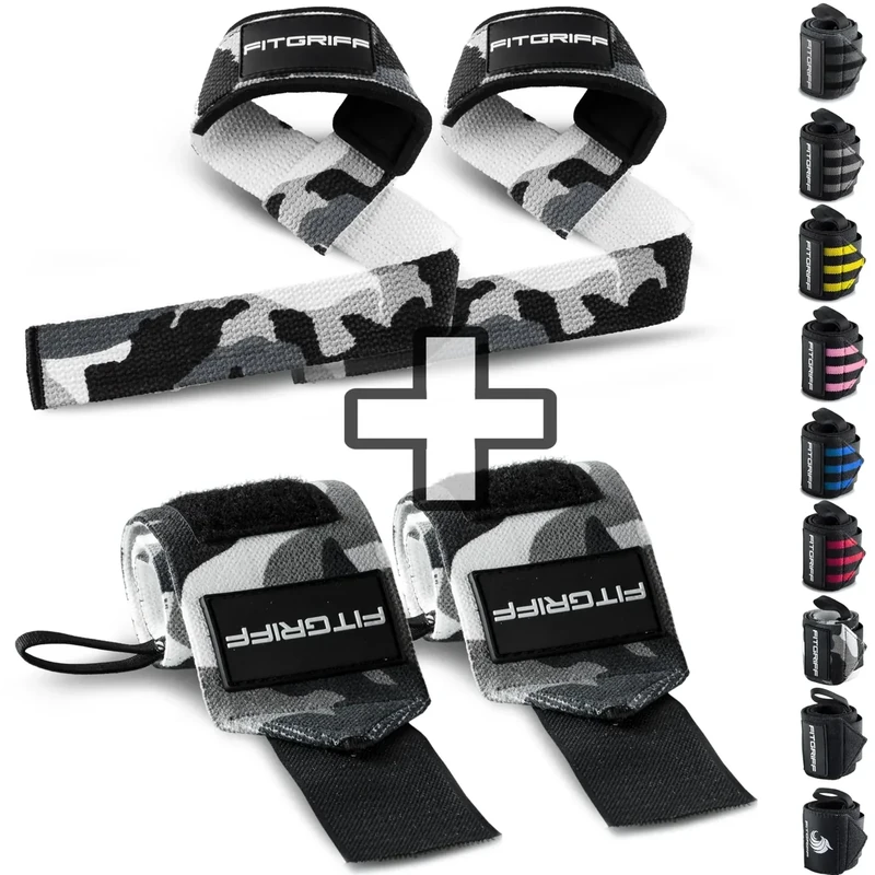Fitgriff® Handgelenk Bandagen + Zughilfen (2er Set) - für Krafttraining, Fitness, Bodybuilding, Gewichtheben, Gym, Kraftsport - für Frauen und Männer (Camo)