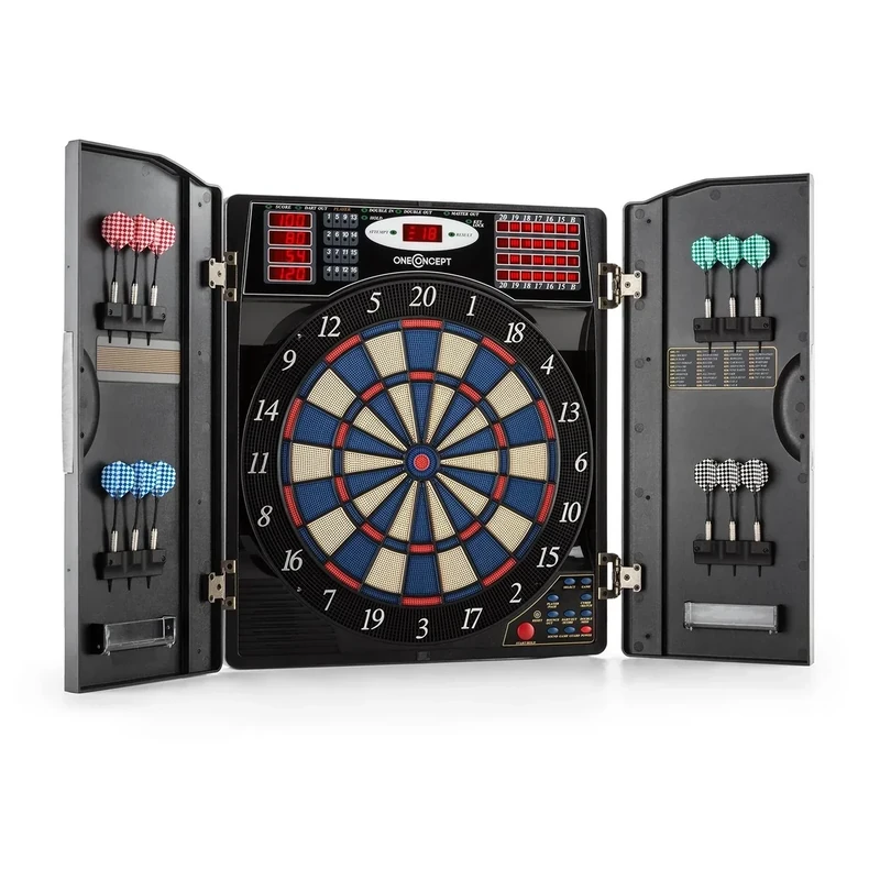 OneConcept Masterdarter - Dartautomat elektronisch, Dartboard, E-Darts, Dartautomat mit Spielcomputer, 38 Verschiedene Spiele, 211 Spielvarianten, bis zu 16 Spieler, virtueller Gegner, schwarz