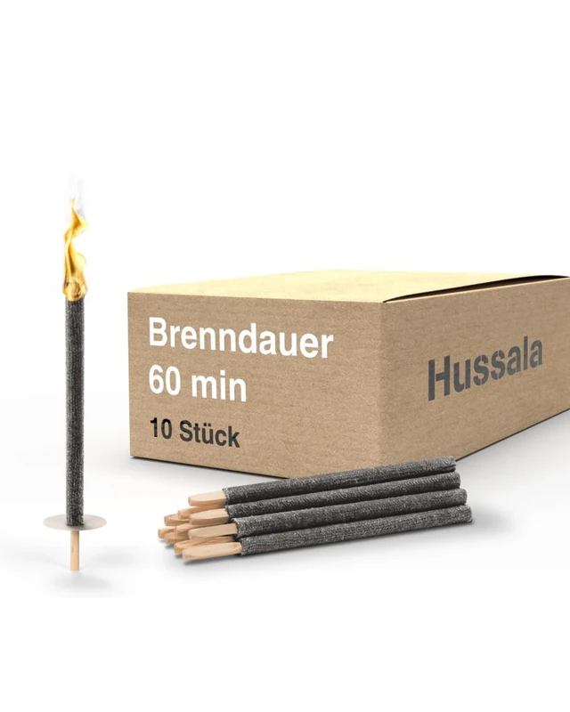Hussala Diamond Wachsfackeln [10 Stück / 60 min] mit Holzstab und Tropschutz, Garten Fackeln aus Diamond-Wachs