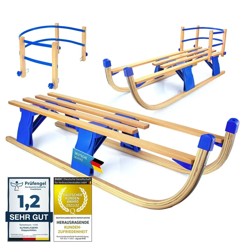 Alpenflitzer® Holzschlitten 110 cm Davoser Rodel Faltbarer Klappbarer Kinderschlitten; Premium Holz-Schlitten aus Buchenholz Klappschlitten (Modell 2025/26)
