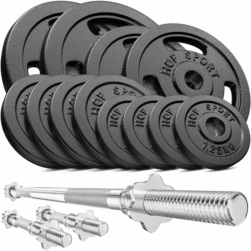 Hop-Sport Guss Hantelset mit Langhantelstange, Kurzhantelstangen und Gewichten, 1x Langhantel, 2x Kurzhantel, Set 39kg 59kg oder 79kg zur Auswahl (59kg)
