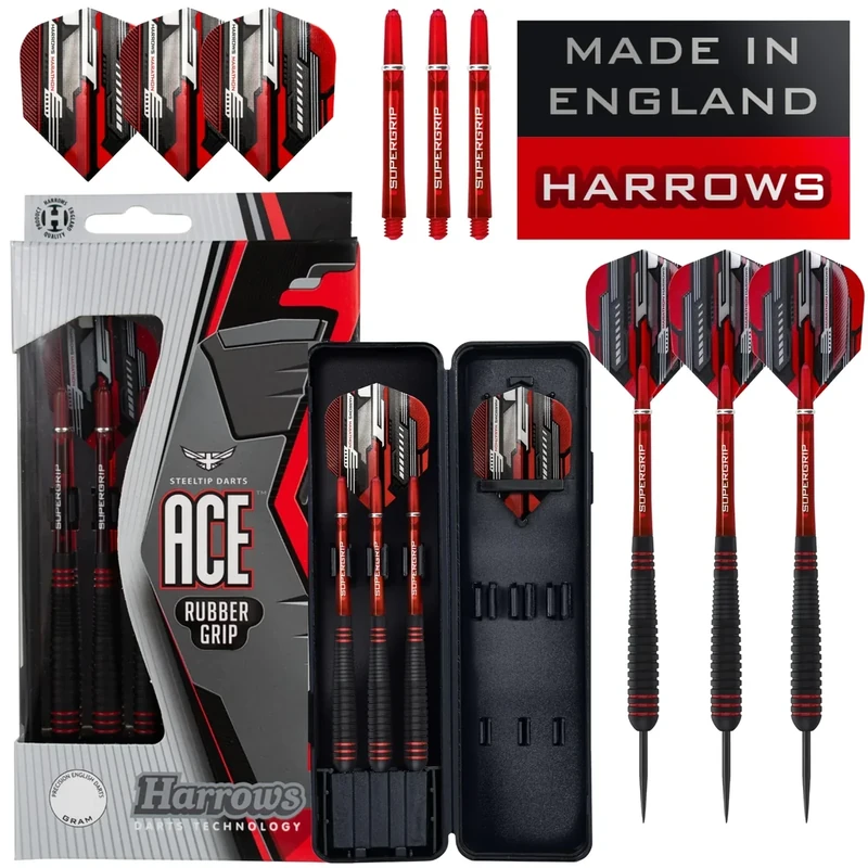 Harrows Ace Rubber Black Dartpfeile | Steeldarts-Set mit Tragetasche | 20g, 22g, 24g & 26g | Enthält Supergrip-Schäfte und 100-Mikron-Marathon-Flights (26g)