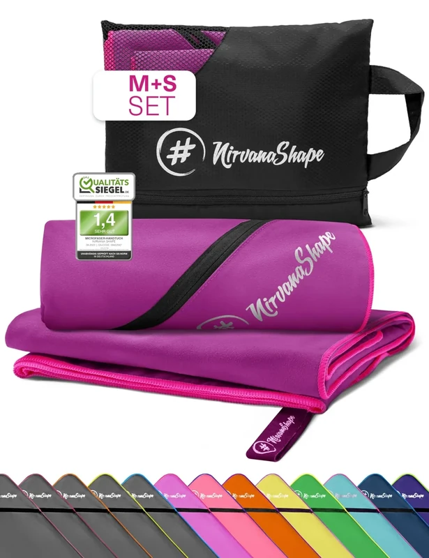 NirvanaShape Mikrofaser Handtuch, Microfaser Handtücher leicht, kompakt als Reisehandtuch, Strandtuch, Sporthandtuch, 2er Set M+S 120 x 60 + 60 x 40 cm