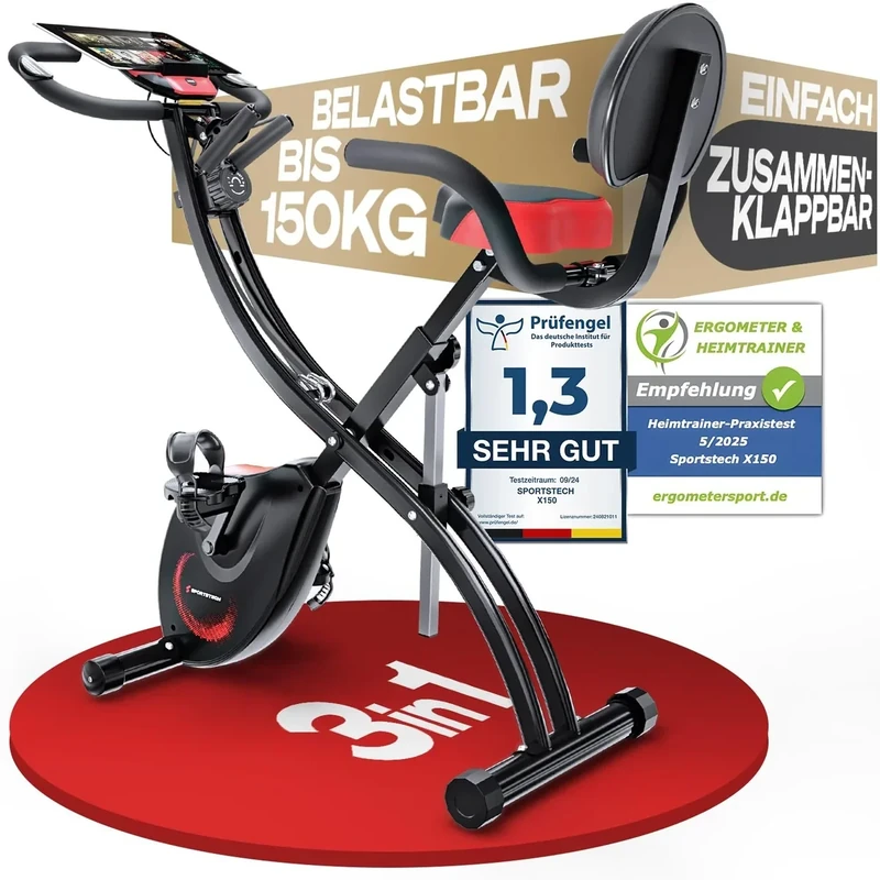 Sportstech X150 Heimtrainer Fahrrad - Klappbar 3in1 Hometrainer Fahrrad Liegeergometer mit Power Ropes, Ergometer Heimtrainer bis 150kg Belastbar, Indoor Bike für Kardio-Training zu Hause