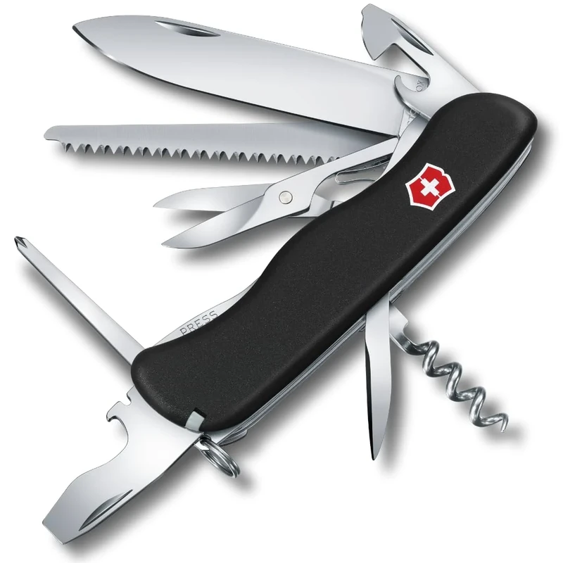 VICTORINOX Schweizer Taschenmesser Outrider, 14 Funktionen, Multitool mit Feststellklinge, Dosenöffner, Schraubendreher 3 mm, Korkenzieher, Schwarz