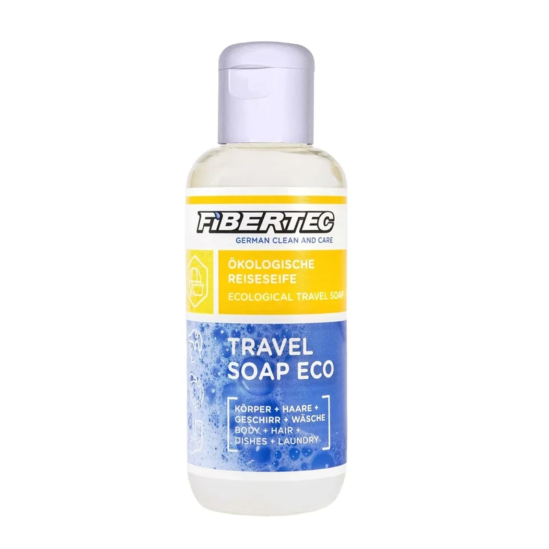 FIBERTEC Travel Soap Eco 100ml – 3-in-1 Reise-Seife flüssig, Körperpflege, Waschmittel & Geschirrspülmittel in einer Universal-Lösung, Biologisch abbaubar, Made in Germany