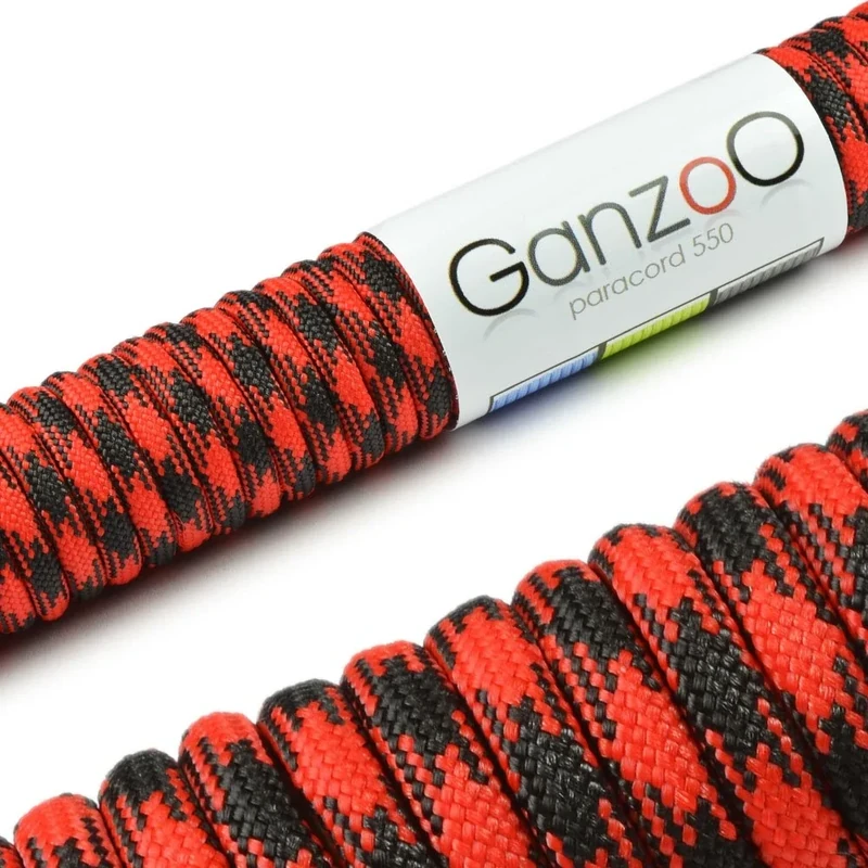 Ganzoo Paracord 550 Seil, Nylon-Polyester, 4mm, Typ 3, 30 Meter, 7 Kernstränge, Outdoor-Schnur, Allzweck-Seil, Hundehalsband, Hundeleine, Armband knüpfen, Camping, Survival - rot schwarz