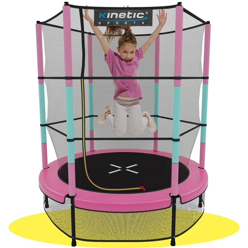 KINETIC SPORTS Kinder Trampolin Jumper 140 cm - Inklusive Gummiseil Federung, Sicherheitsnetz mit Reißverschluss, Rahmenpolster, Schutz Bodennetz - Indoor Kindertrampolin Spielzeug