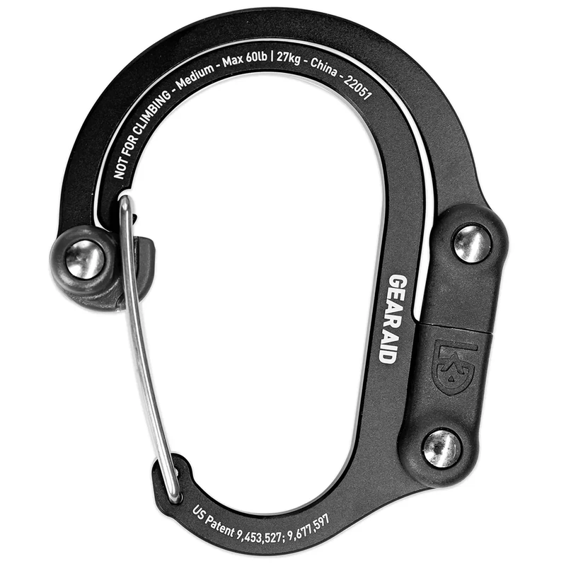 GEAR AID HEROCLIP Karabiner-Ausrüstungsclip und Haken (Mittel) für Camping, Rucksack und Garagenorganisation, Schwarz