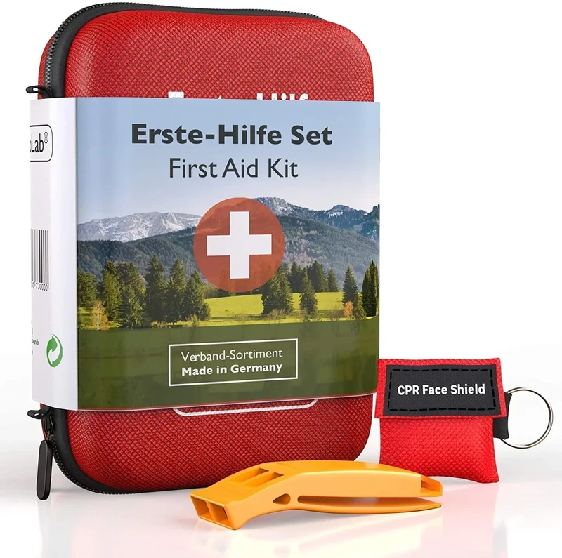 GoLab Erste Hilfe Set Outdoor für Wandern, Reisen und Fahrrad nach DIN 13167 - First Aid Kit mit Signalpfeife und Beatmungsmaske - Made in Germany - Notfall Ausrüstung - Reiseapotheke