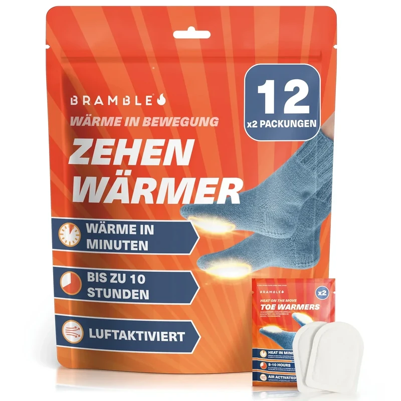 Bramble – Zehenwärmer zum Aufkleben (12 Paar, insgesamt 24) – Ultradünne Flicken zum Aufkleben für Schuhe und Stiefel – Luftaktiviert und geruchsfrei Fußwärmer – Bis zu 10 Stunden Wärme