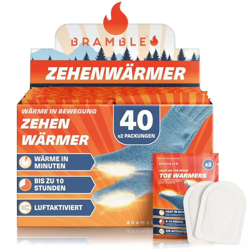 Bramble – Zehenwärmer zum Aufkleben (40 Paar, 80 insgesamt) – Ultradünne Flicken zum Aufkleben für Schuhe und Stiefel – Luftaktiviert und geruchsfrei Fußwärmer – Bis zu 10 Stunden Wärme