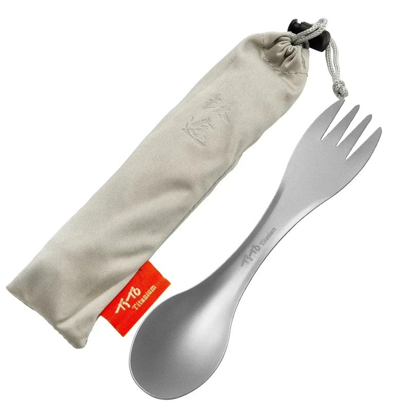 TiTo Titanium Outdoor 2-in-1 Titan Löffel/Spork mit Griff,Multifunktional Tragbare Ultraleichtem Besteck Camping Rucksackreisen mit Aufbewahrungstasche für Trekking (Sandsprühen) - Image 1